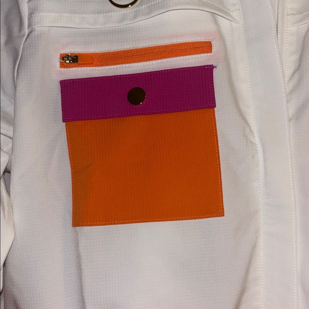 PELOTON CARGO JACKET NWTS WHITE ORANGE FUCHIA ZIP CLOSURE DRAW STRING GOLD TABS - Picture 2 of 11